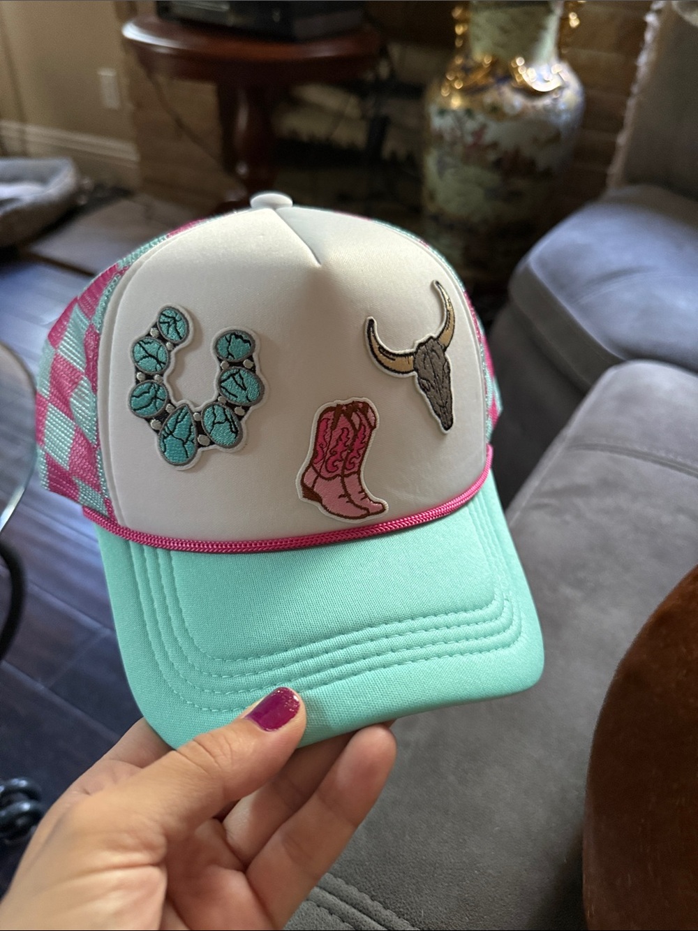 Kids Turquoise & Pink Trucker Hat with Western Patch Accents